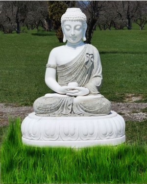 White Marble Meditating Buddha Statue on Inverted Lotus Base